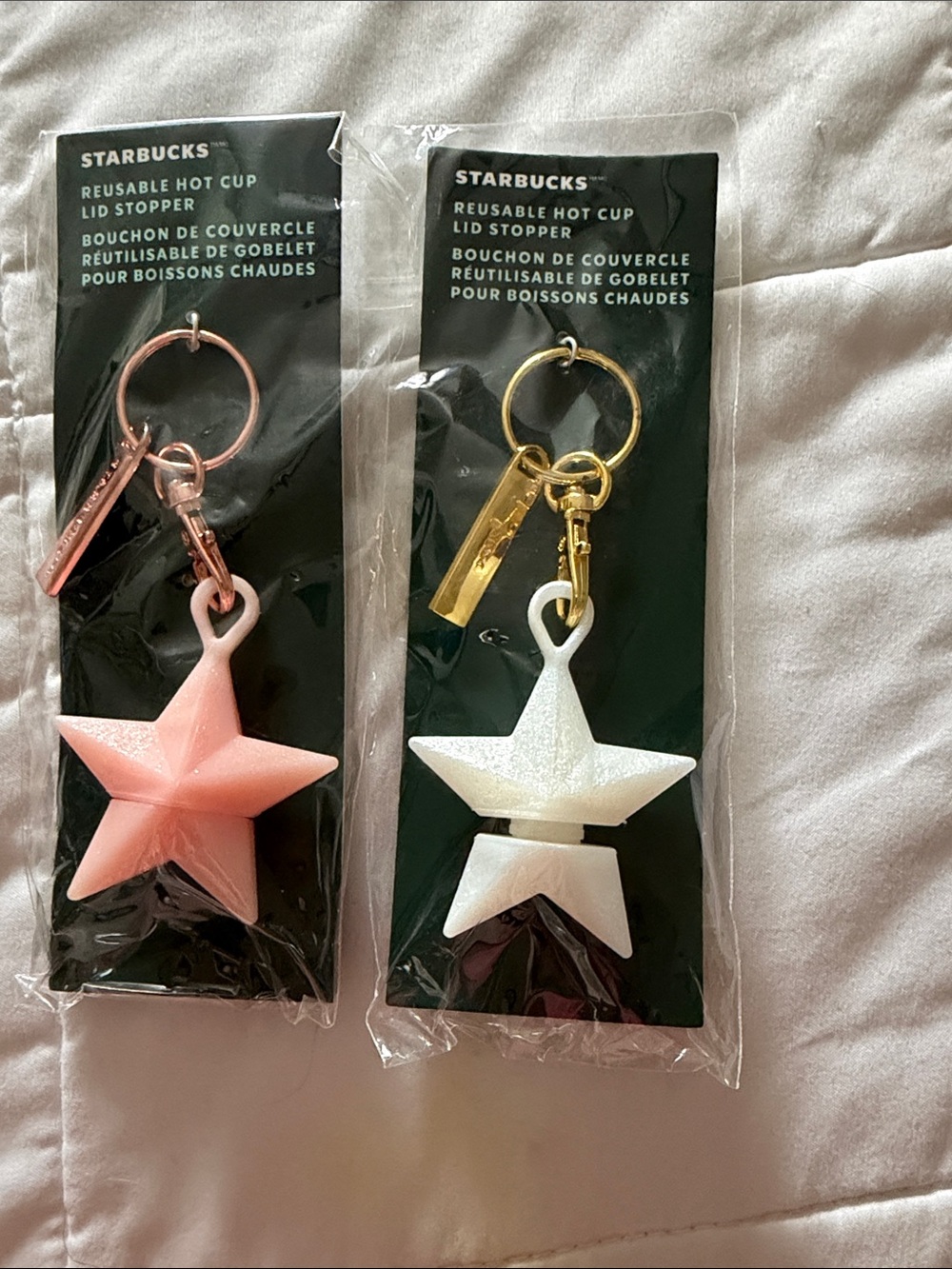 (2)Starbucks Reusable Hot Cup Lid Stopper - Pink and White Star Keychain